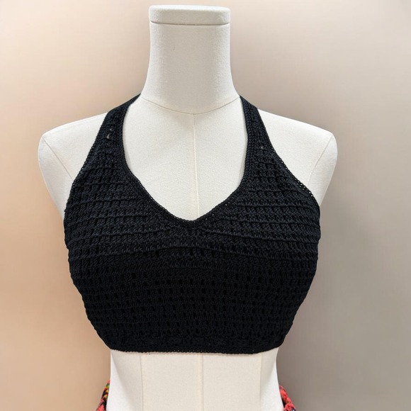 Kroshetta by Papillon Tops - Bohemian Crochet Halter Crop Top Festival Coachella Summer Black Small Handmade